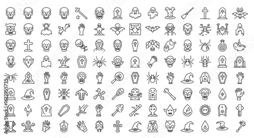 Collection of halloween themed icons featuring skulls ghosts bats and other spooky elements in a line art style