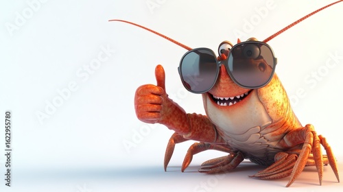 Cheerful cartoon crawfish gives a thumbs up.
