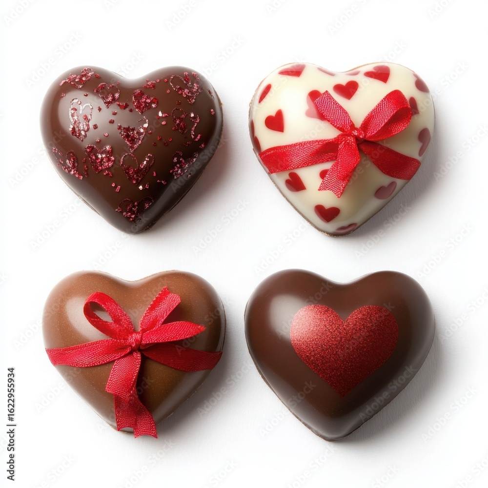 Obraz premium Four heart-shaped chocolates with decorative ribbons and glitter