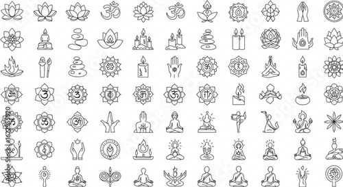 Collection of outline yoga and meditation symbols including lotus flowers om signs candles and seated figures