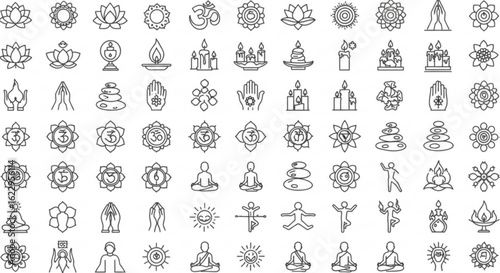 Collection of yoga and meditation related line art icons including lotus flowers and praying hands symbols