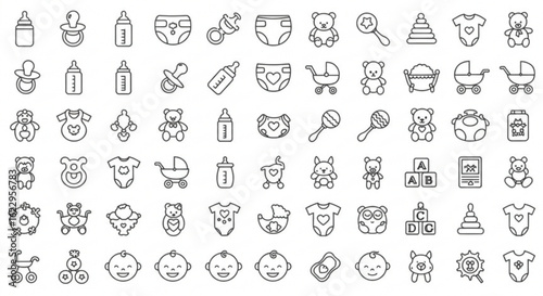 Illustration of baby related items including toys, bottles, clothes and baby faces in outline style
