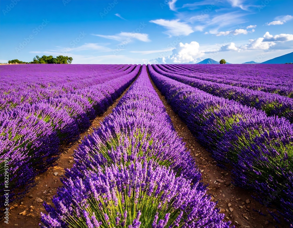 Naklejka premium Breathtaking Lavender Fields of Provence under a Bright Blue Sky in Summer