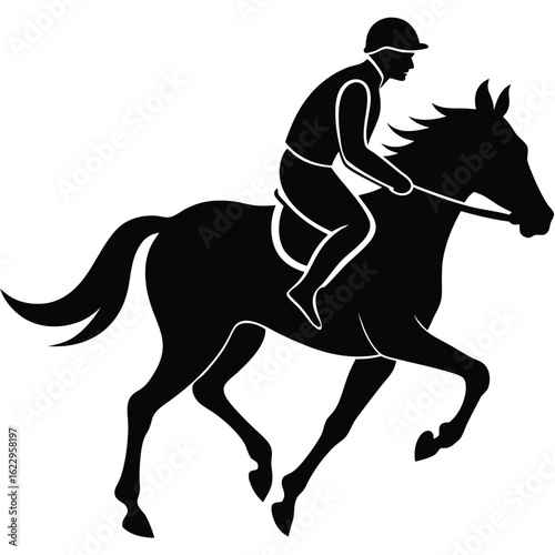 Black silhouette of a jockey riding a horse equestrian