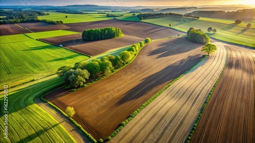 Aerial View of Serene Rolling Farmlands at Sunrise Showing Diverse Crops and Lush Green Trees