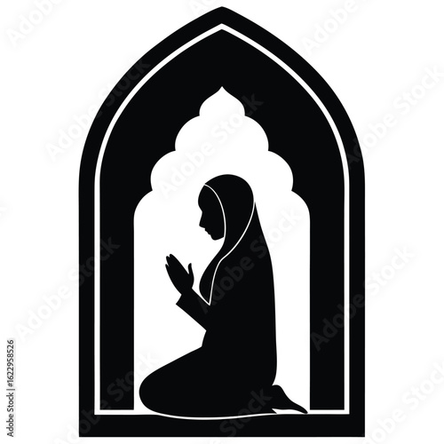 Black silhouette woman praying wearing hijab inside archway