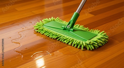 Mop cleaning a wet wooden floor with water