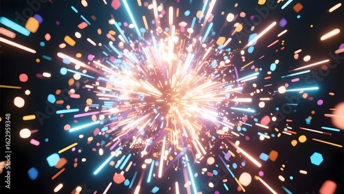 Dynamic Firework Display with Colorful Sparks and Confetti