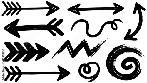 Vector art of handdrawn arrow collection with various styles and directions on white background