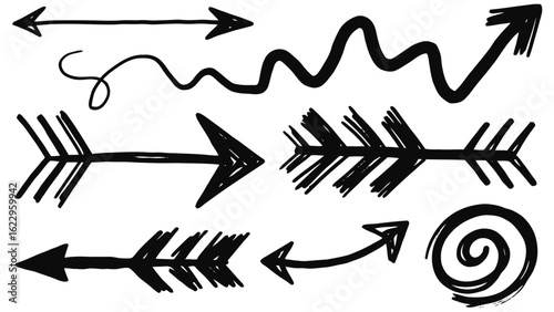 Vector art of set of handdrawn arrows and directional symbols isolated on white background
