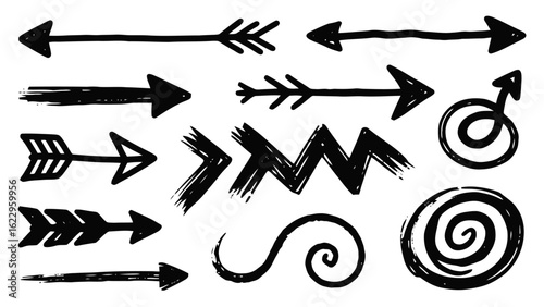Vector art of various handdrawn black arrows and abstract shapes isolated on a white background