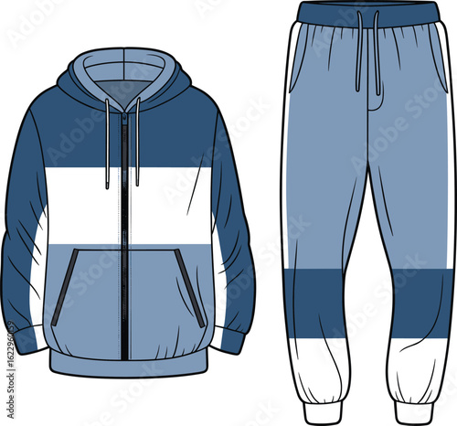 colorblock hoodie joggers set, cad fashion flat vector, zip front sweatshirt design, elastic waist pants sketch, activewear outfit template, editable clothing mockup