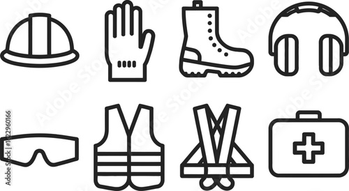 Safety Line Icons Hard Hat, Gloves, Boot, Earmuffs, Goggles, Vests, First Aid Kit