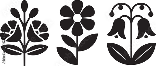 Set of three stylized black flower icons in a minimalist folk art design including a daisy and bluebells
