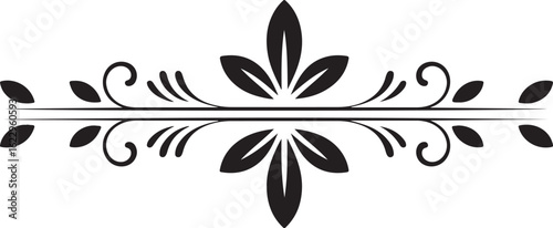 Symmetrical black floral divider with central leaf motifs and elegant swirling tendrils