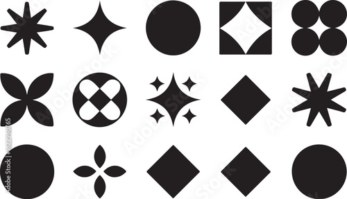 A diverse collection of minimalist black geometric shapes including stars circles diamonds and abstract symbols