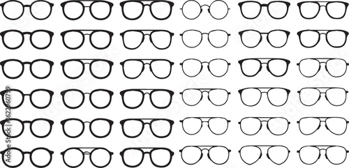 A diverse collection of black eyeglass frame silhouettes showcasing various modern and retro styles like aviator and round frames in a grid pattern