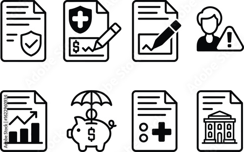 Set of Icons with Piggy Bank, User Profile, Graph in Outline Style
