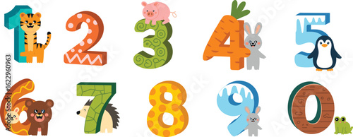 Colorful cartoon numbers with cute animals, educational kids design, number characters 0–9, preschool learning illustration, fun math concept, playful numeric figures, children counting art