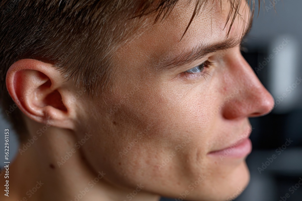 Fototapeta premium This captivating close-up portrait showcases a young man's profile, highlighting his facial features and the play of light and shadow across his skin, creating a serene atmosphere.