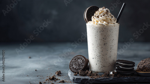 Decadent oreo milkshake topped with whipped cream and a whole cookie a sweet treat