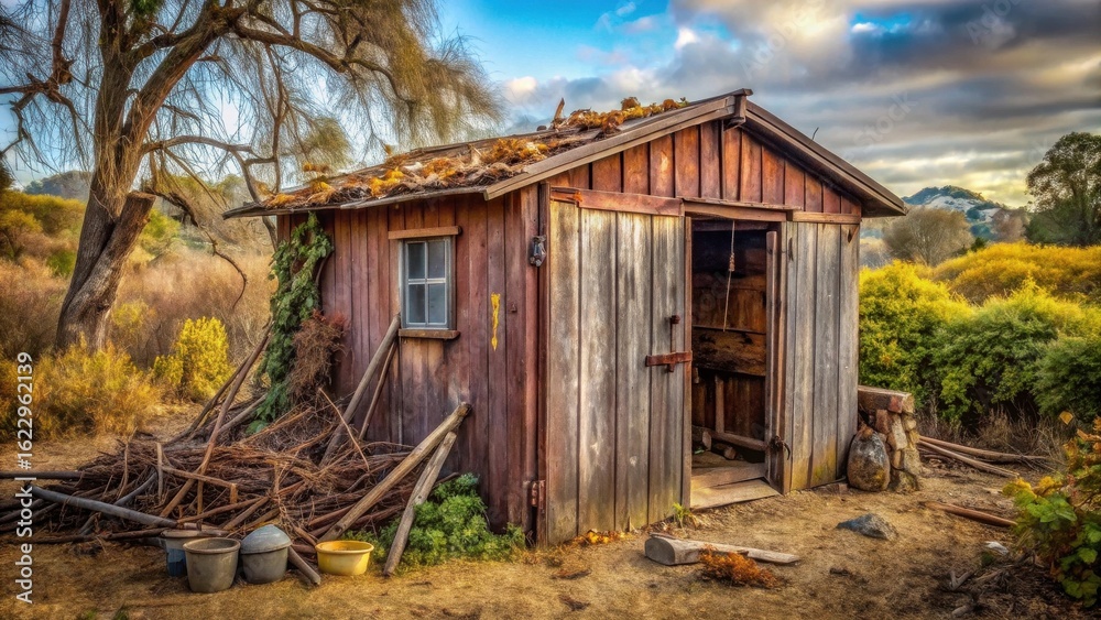 Obraz premium Rustic Wooden Shed with Open Door, Overgrown with Vines and Surrounded by Autumnal Brush