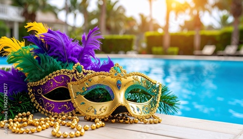 Mardi Gras Masquerade by the Pool: Festive Feathers and Sparkling Masks