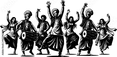 Energetic bhangra dance silhouette vector illustration for cultural event

