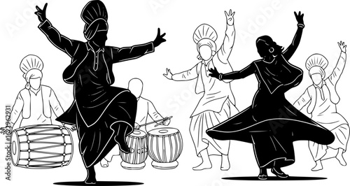 Energetic bhangra dance silhouette vector illustration for cultural event
