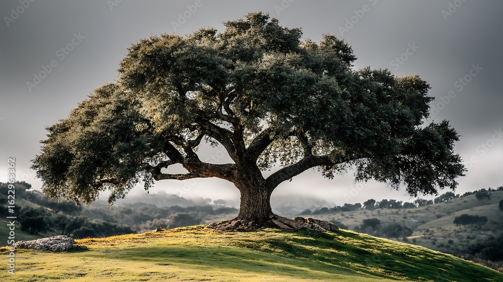 Obraz premium Majestic Oak Tree Standing Alone on a Hill with Misty Landscape, and Natures Beauty.
