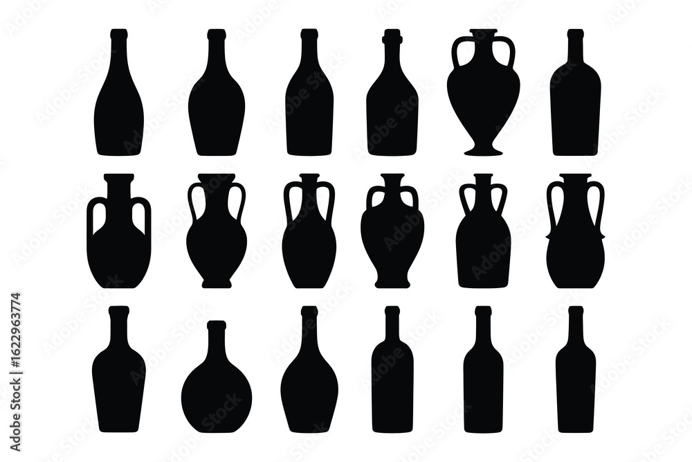Assorted black bottle and amphora silhouettes white Assorted black bottle and amphora silhouettes white