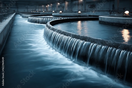 Wallpaper Mural Wastewater is flowing through filtering tanks in a modern water treatment plant at night Torontodigital.ca