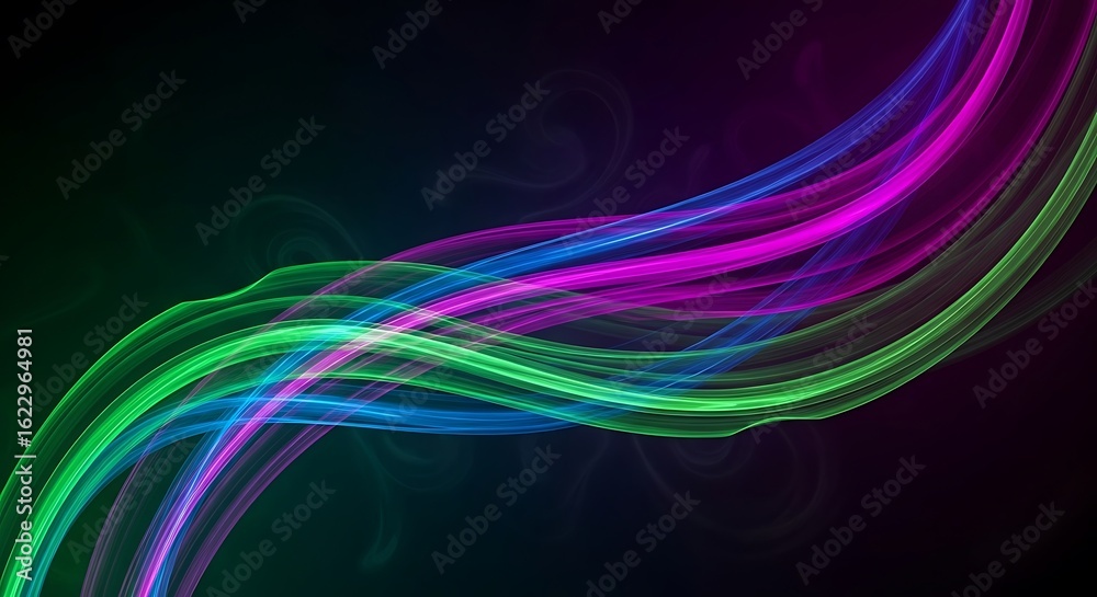 Fototapeta premium Abstract glowing wavy lines of blue, green, and purple on dark background