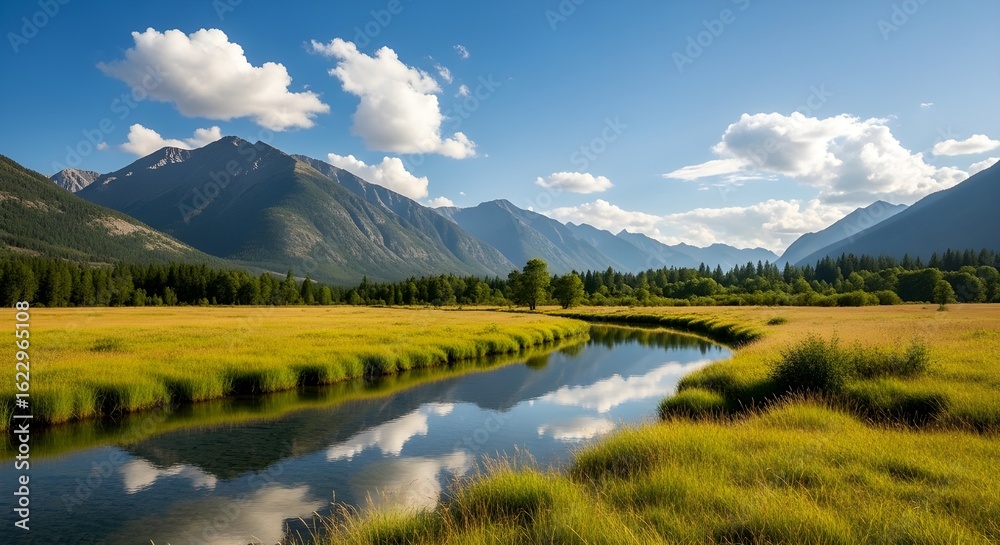 Obraz premium Serene mountain valley with winding river and golden meadow under blue sky