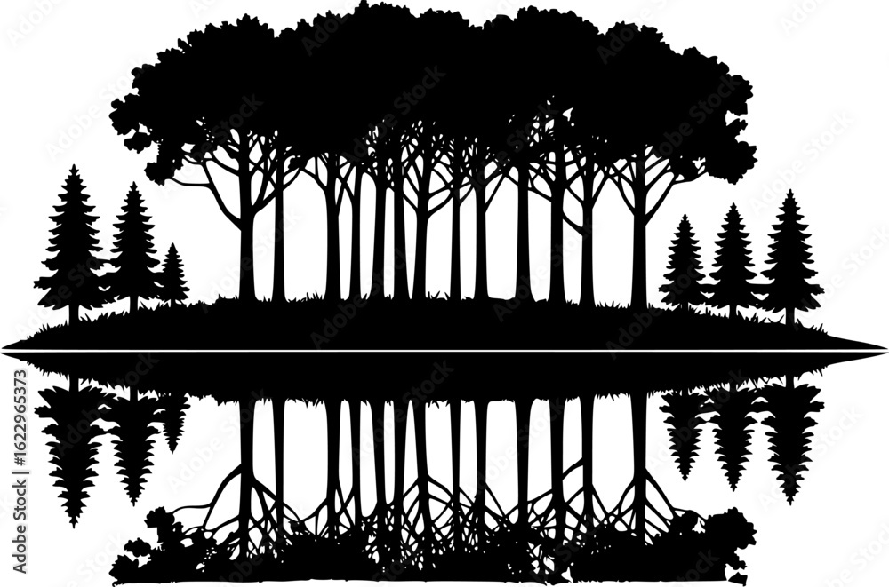 Naklejka premium Silhouette Forest Reflection Vector Illustration for Nature Themes