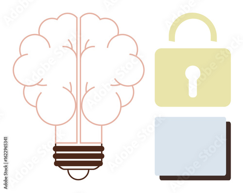 Brain-inspired light bulb represents creativity, paired with a lock for security and a document for intellectual property. Ideal for innovation, knowledge, protection, patents, creativity, education