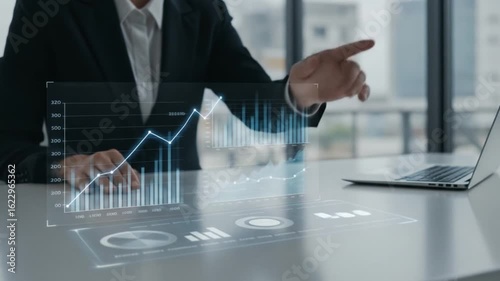 Business professional analyzing financial data on a futuristic holographic display in an office