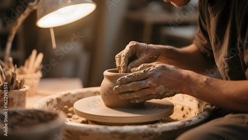 Potter shaping clay on a pottery wheel under warm lighting