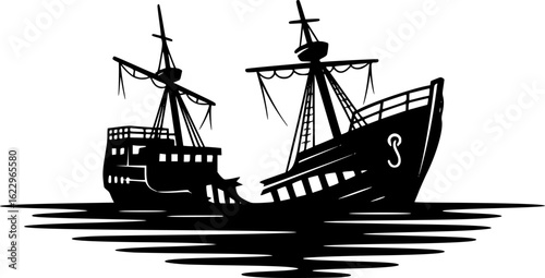 Detailed Silhouette of a Shipwreck in a Calm Ocean
