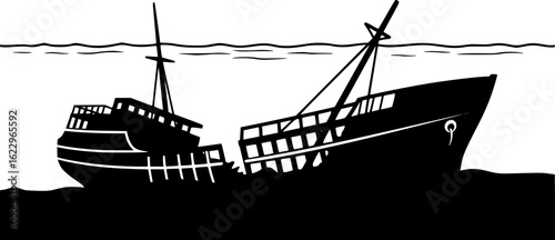 Detailed Silhouette of a Shipwreck in a Calm Ocean

