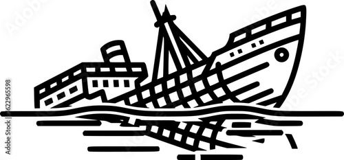 Detailed Silhouette of a Shipwreck in a Calm Ocean
