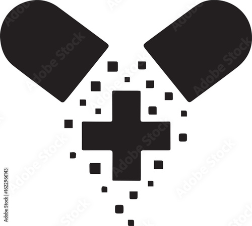 Silhouette of a pill capsule breaking open into digital particles forming a cross shape