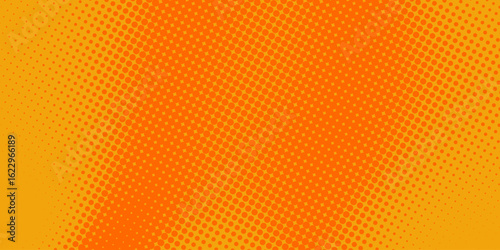 Bright orange pop art background in retro comics book style. Cartoon superhero background with halftone dots gradient