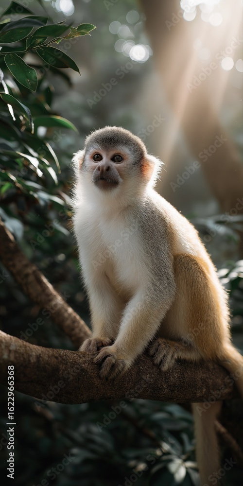 Fototapeta premium Squirrel monkey sitting on tree branch in sunlit jungle