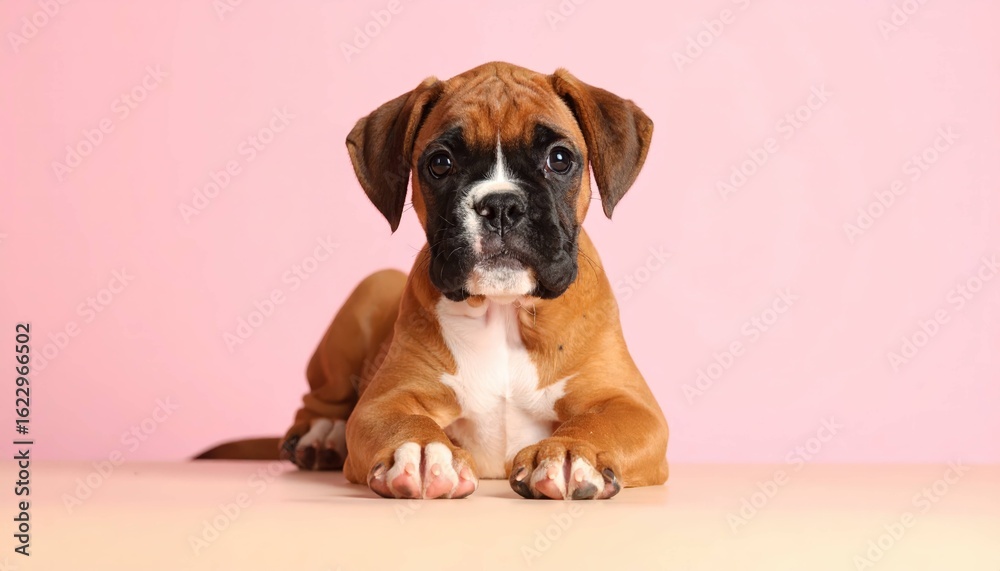 Fototapeta premium Adorable Cachorro Boxer Leonado sobre Fondo Rosa, Generated image
