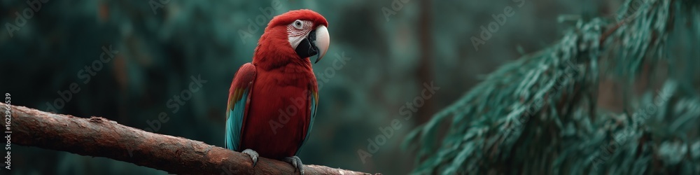 Fototapeta premium Vibrant scarlet macaw perched on tree branch in lush forest setting