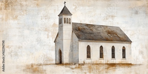 Historic rural church illustration with weathered walls and faded texture, tranquil countryside view