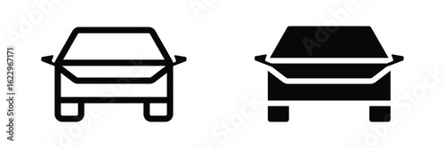 Modern Car Icon: Bold Black and Outline Cybertruck, Front View, Vector.