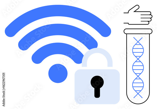 wireless signal, padlock, hand gesture, and DNA strand in a test tube symbolizing wireless connectivity, privacy, and biotech innovation. Ideal for tech, biotech, security healthcare innovation
