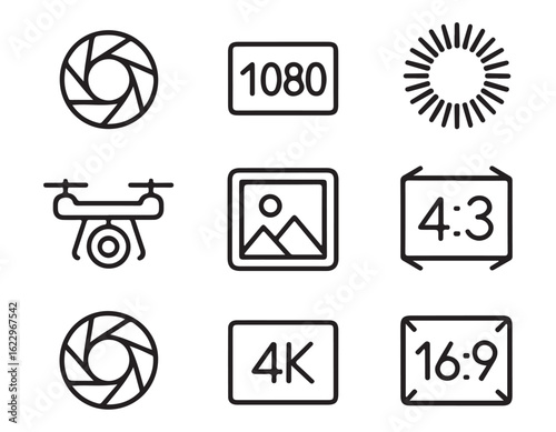 Camera and Video Technology Icon Set featuring Drone Aperture Resolution and Aspect Ratios for Modern Filmmaking